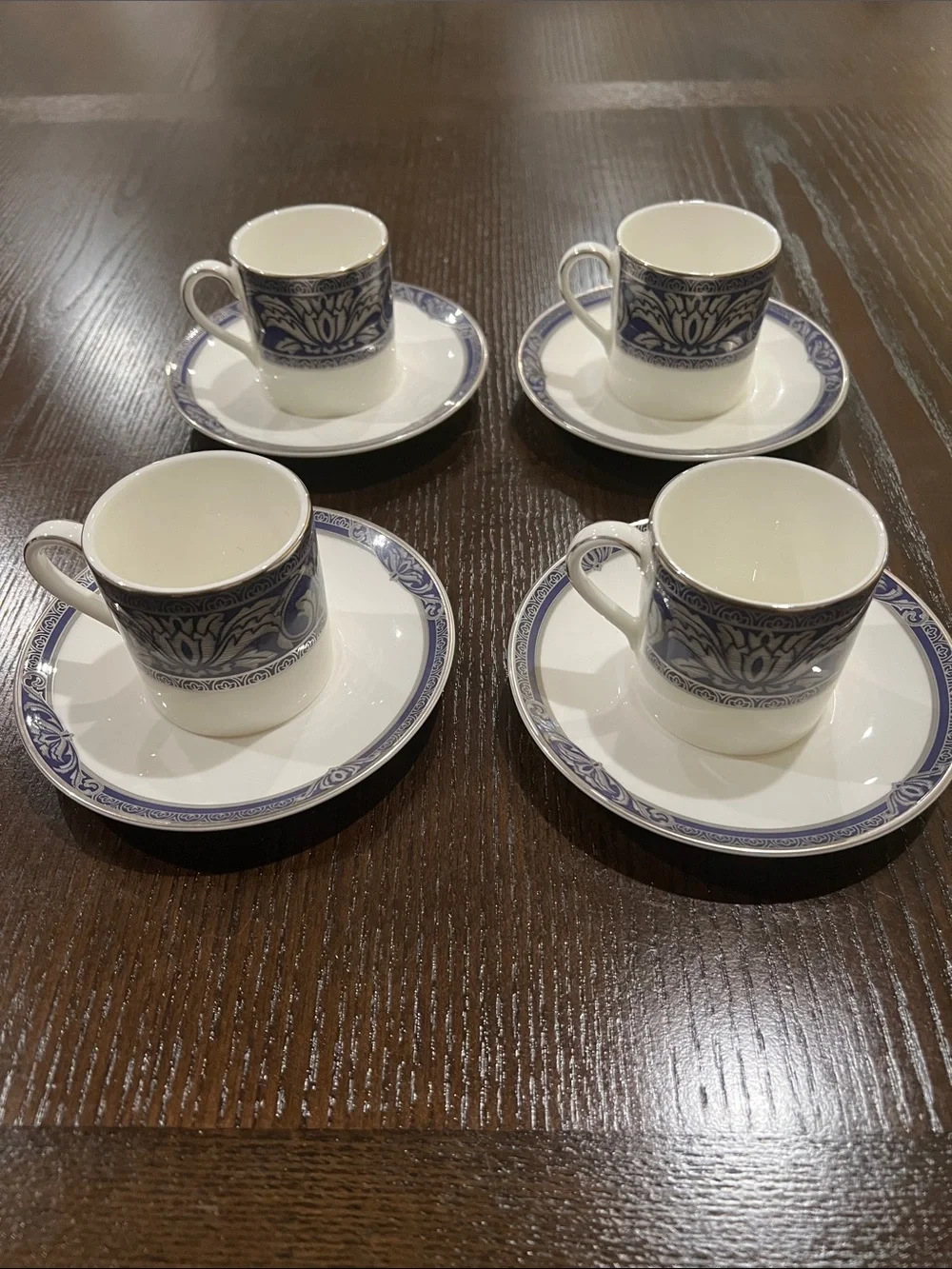 Royal Doulton Blue and White Porcelain Espresso Cup & Saucer Set - 4pc
